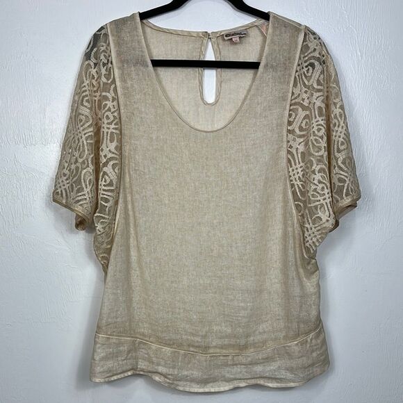 Azucar Beige Linen Lace Detailing Short Sleeve Top Blouse Size M - Picture 1 of 6